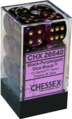 Chessex Dice: Gemini - 16mm D6 Black Purple/Gold (12)