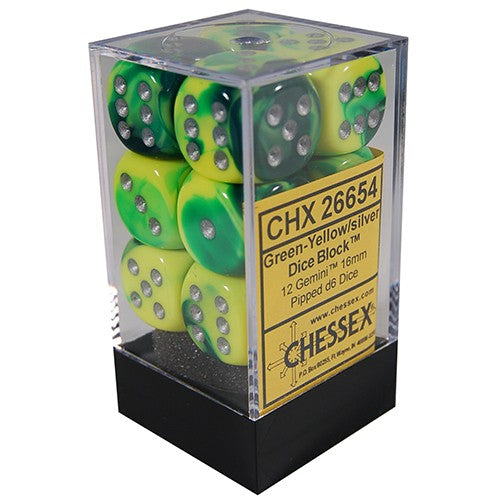 Chessex Dice: Gemini - 16mm D6 Green Yellow/Silver (12)