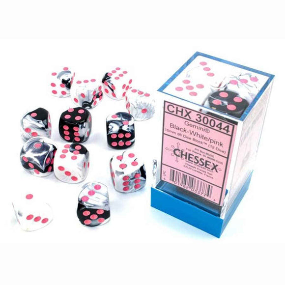 Chessex Dice: Gemini - 16mm D6 Black White/Pink (12)