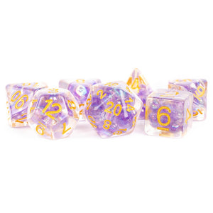 Metallic Dice Games: 16mm Resin Poly Dice Set - Pearl Purple with Gold Numbers (7)