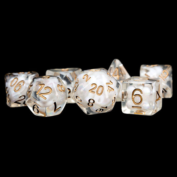 Metallic Dice Games: 16mm Resin Poly Dice Set - Pearl with Copper Numbers (7)