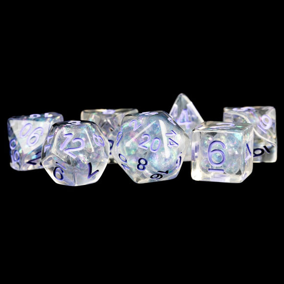 Metallic Dice Games: 16mm Resin Poly Dice Set - Pearl with Purple Numbers (7)