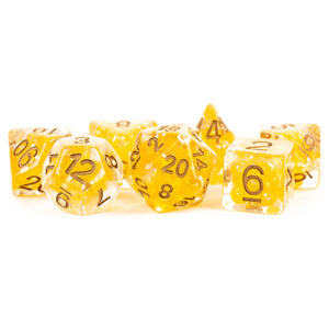 Metallic Dice Games: 16mm Resin Poly Dice Set - Pearl Citrine with Copper Numbers (7)