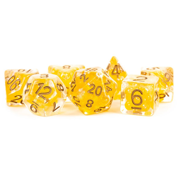 Metallic Dice Games: 16mm Resin Poly Dice Set - Pearl Citrine with Copper Numbers (7)