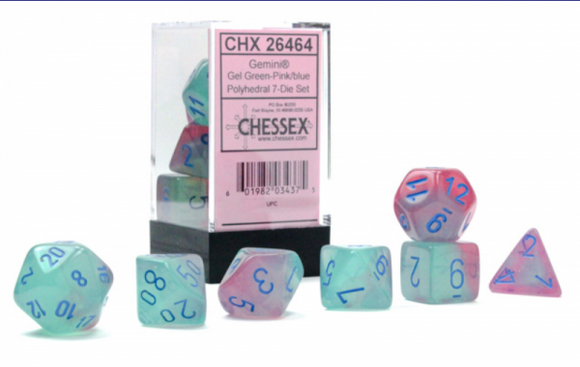 Chessex Dice: Gemini - Polyhedral Gel Green-Pink/Blue Luminary 7-Die Set
