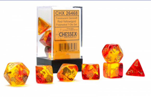 Chessex Dice: Gemini - Polyhedral Translucent Red-Yellow/Gold 7-Die Set