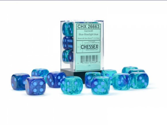Chessex Dice: Gemini - 16mm D6 Luminary Blue Blue/Light Blue (12)