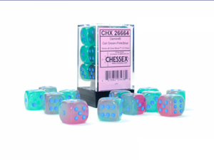 Chessex Dice: Gemini - 16mm D6 Luminary Gel Green-Pink/Blue (12)
