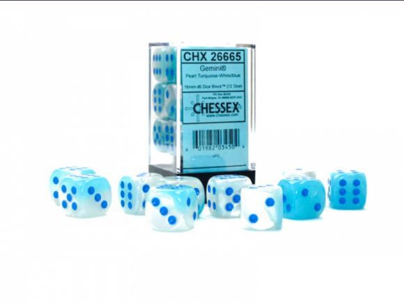 Chessex Dice: Gemini - 16mm D6 Luminary Pearl Turquoise-White/blue (12)