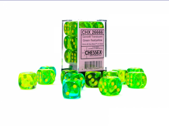 Chessex Dice: Gemini - 16mm D6 Translucent Green-Teal/Yellow (12)