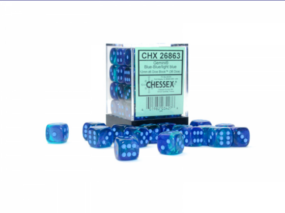Chessex Dice: Gemini - 12mm D6 Translucent Blue-Blue/Light Blue Luminary (36)