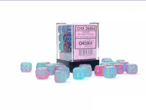 Chessex Dice: Gemini - 12mm D6 Gel Green-Pink/Blue Luminary (36)