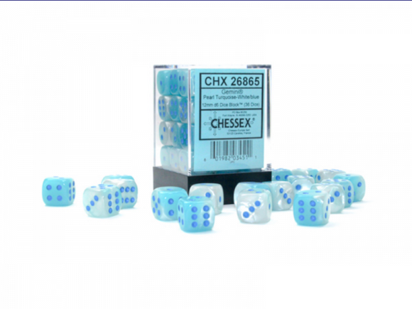 Chessex Dice: Gemini - 12mm D6 Pearl Turquoise-White/Blue Luminary (36)
