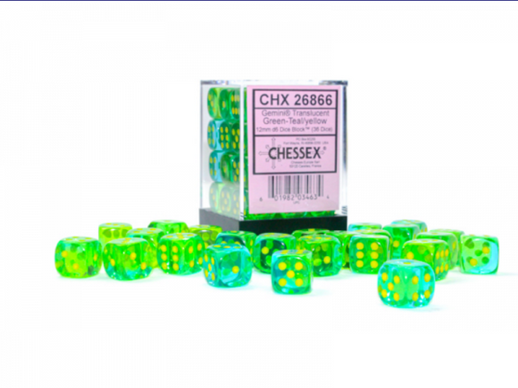 Chessex Dice: Gemini - 12mm D6 Translucent Green-Teal/Yellow (36)