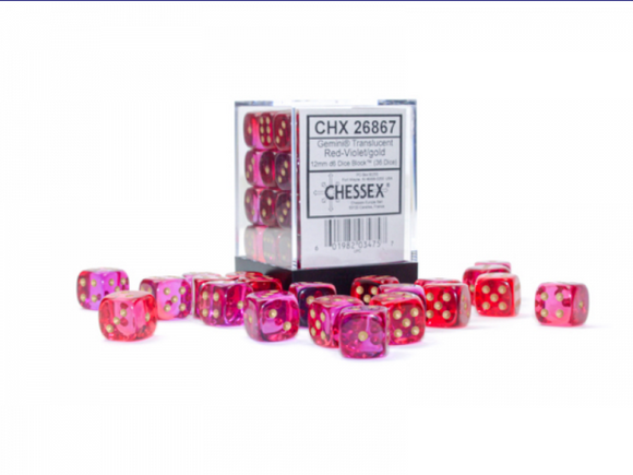 Chessex Dice: Gemini - 12mm D6 Translucent Red-Violet/Gold (36)