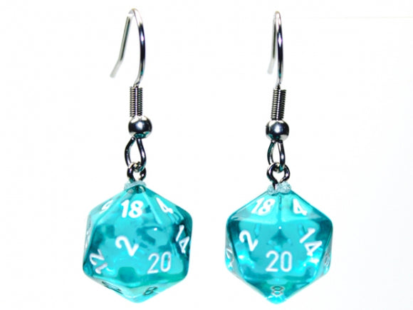Chessex Dice: Hook Earrings - Translucent Teal Mini-Poly d20 Pair