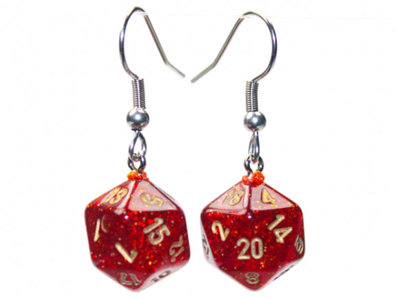 Chessex Dice: Hook Earrings - Glitter Ruby Mini-Poly d20 Pair