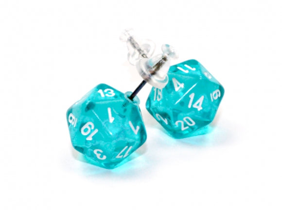 Chessex Dice: Stud Earrings - Translucent Teal Mini-Poly d20 Pair