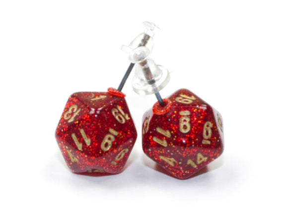 Chessex Dice: Stud Earrings - Glitter Ruby Mini-Poly d20 Pair
