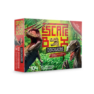 The box of Escape Box: Dinosaurs. The box depicts a veloceraptor on each side of the text. Surronded by a foliage of jurrasic plants 